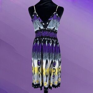 Koko Breeze Sleeveless Sundress Smocked Waist Adjustable Straps Purple Multi Sm